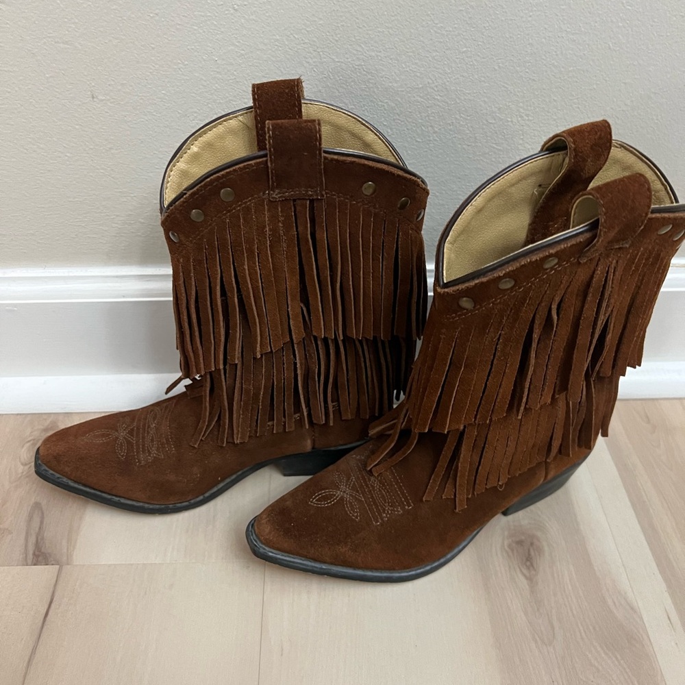 Shyanne Brown Kids Double Fringe Boots Snip Toe
